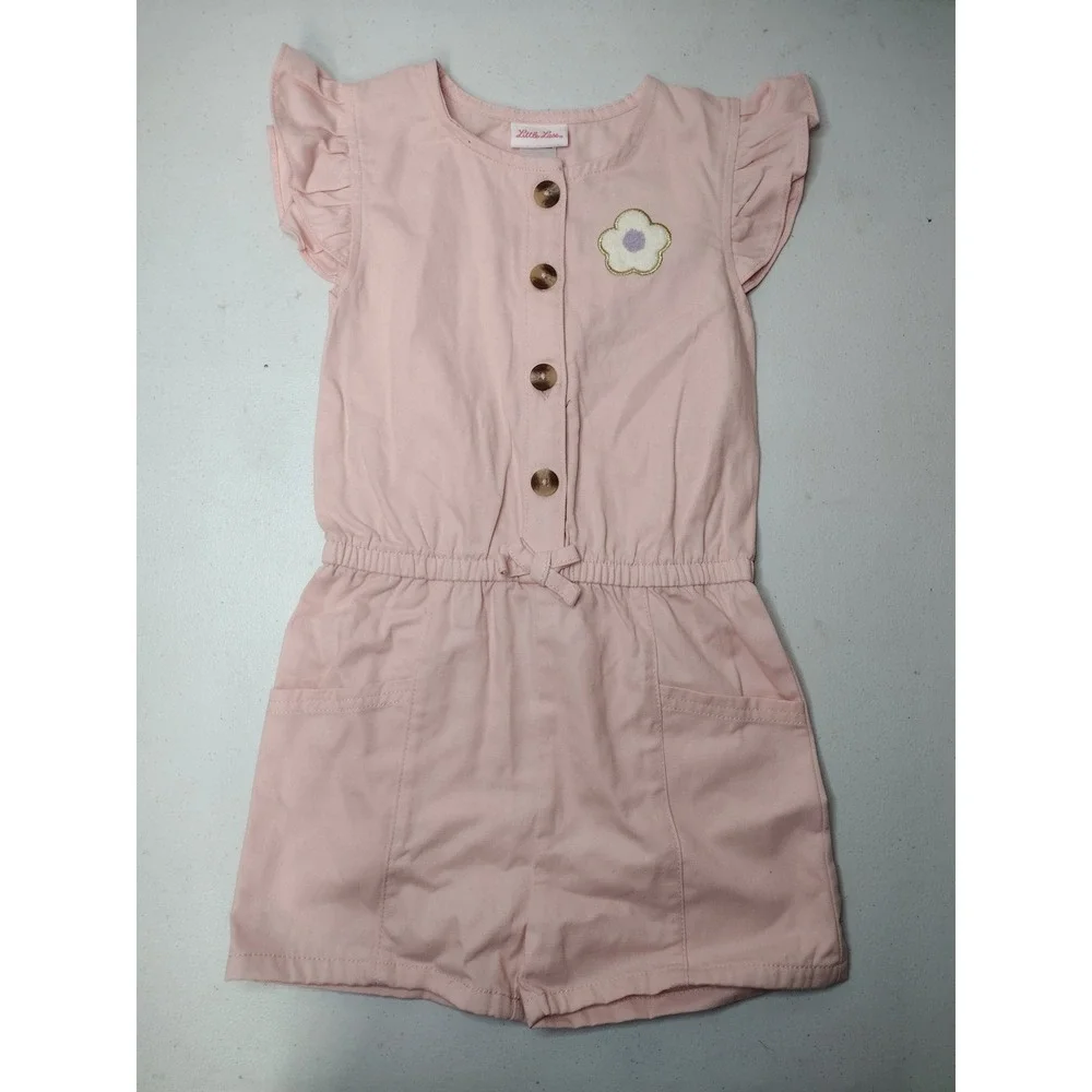 Little Lass Girls Pink Cotton Flutter Sleeve Button Front Romper 6X